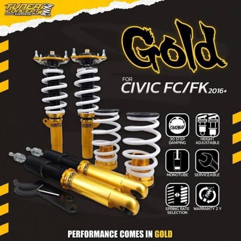 โช๊คสตรัท Tuner Concept Gold Honda Civic FC FK FE ปรับ 30 ระดับ สีทอง เรียบหรู ตรงรุ่น