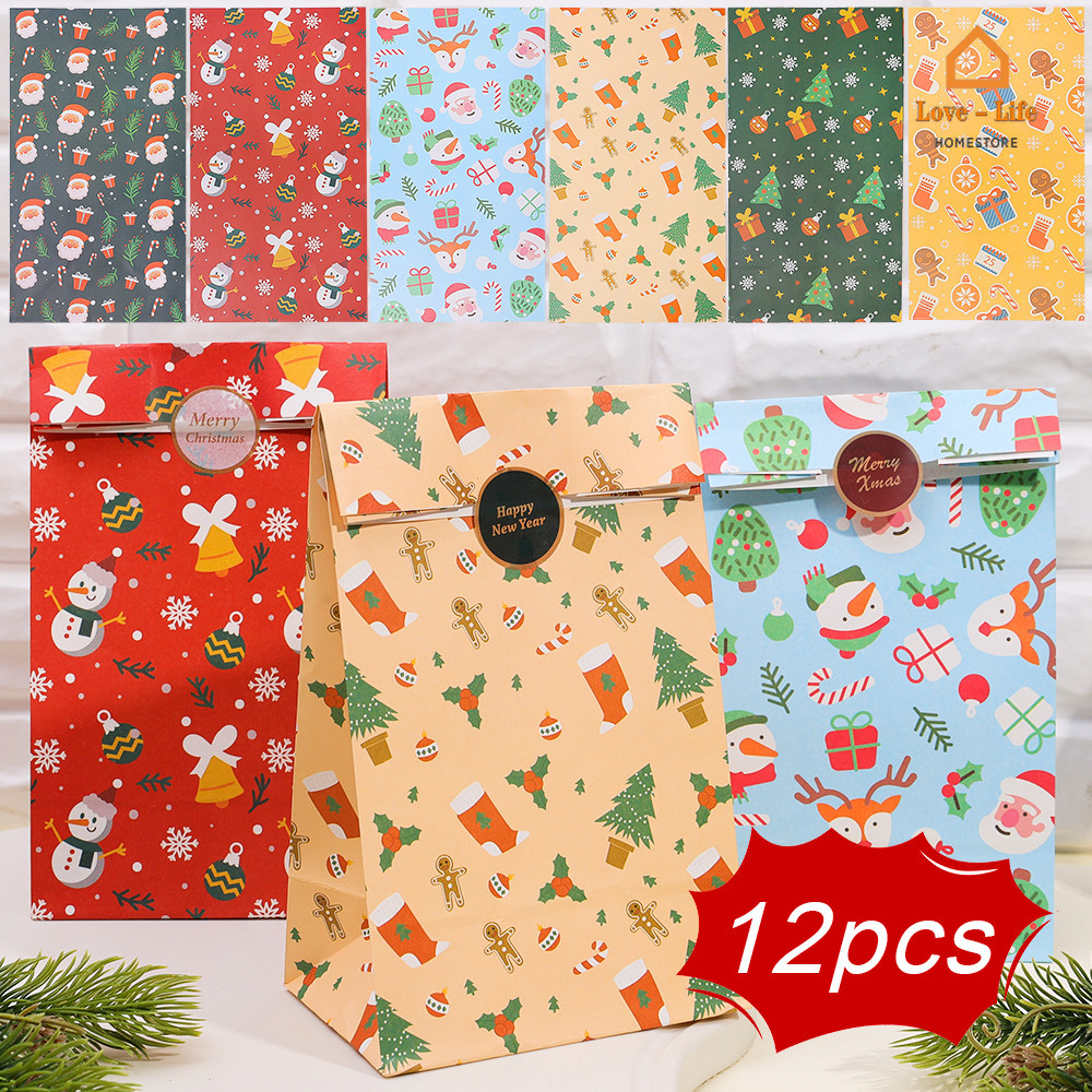 12 ชิ้น Xmas Candy ห่อถุงกระดาษคริสต์มาสของขวัญถุงขนมพร้อมสติกเกอร์ปิดผนึกแฟชั่นบรรจุภัณฑ์ถุงกระดาษสําหรับ Party Supplies