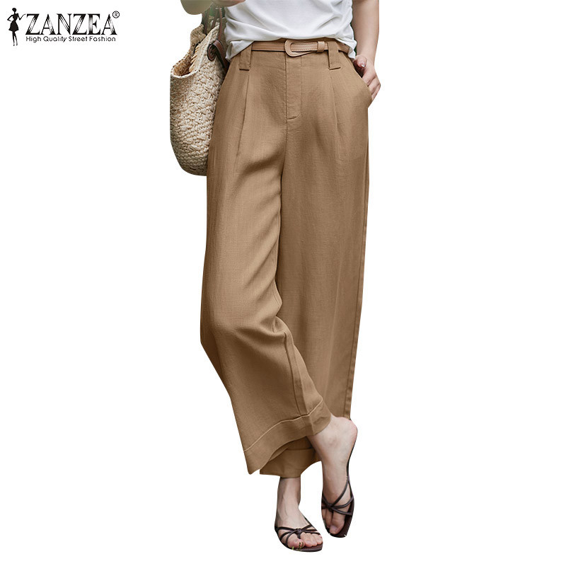 ZANZEA ซานเซีย ผู้หญิงเกาหลีลําลองเอวยางยืดกระเป๋าสีธรรมดาไม่มีกางเกงเข็มขัด