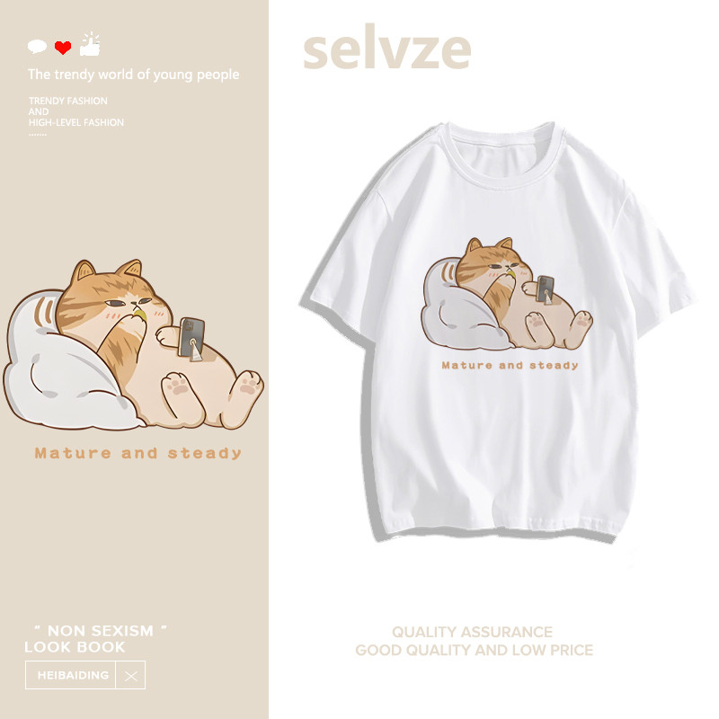 SELVZE（จัดส่งตลอด 24 ชั่วโมง） Printed T-shirt，แมวการ์ตูนน่ารักพิมพ์เสื้อยืดแขนสั้นหลวม B000404