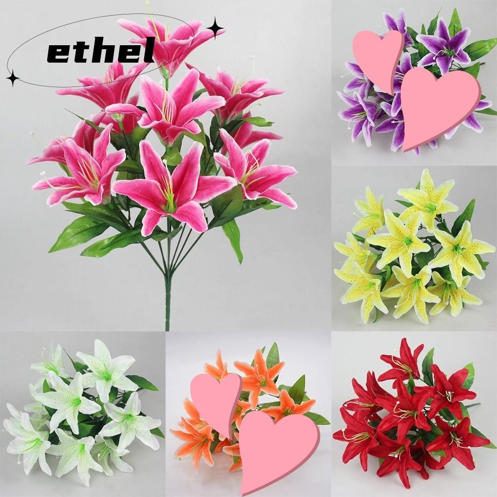 ETHEL1 10 หัวพลาสติกดอกไม้ปลอมดอกลิลลี่ประดิษฐ์,ของขวัญวันแม่สมจริงหลากสีดอกไม้ผ้าไหมงานแต่งงานตกแต่งบ้าน