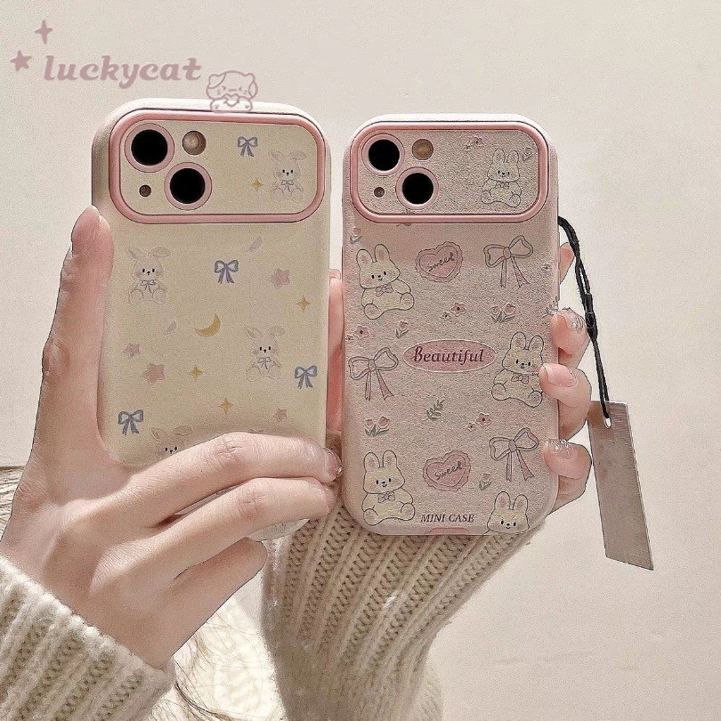 Iphone 16 15 14 13 12 11 Pro Max X Xr Xs Max 7 8 Plus SE2020 เคสโทรศัพท์น่ารักดอกไม้สีชมพูกระต่ายคู่นุ่ม + ปกลาน