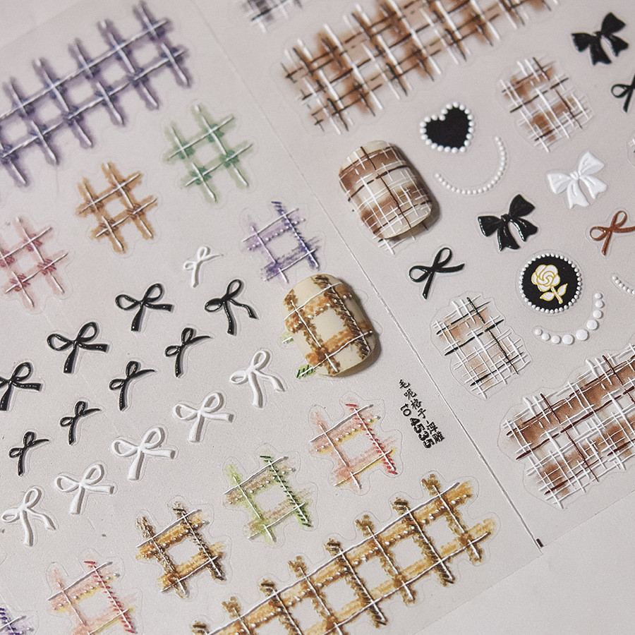 สติ๊กเกอร์ติดเล็บ ใหม่สไตล์ผ้าขนสัตว์ลายสก๊อตตกแต่งเล็บสติกเกอร์โบว์พรีเมี่ยมสไตล์ชาแนลสติกเกอร์โบว์รูปทรงพิเศษ