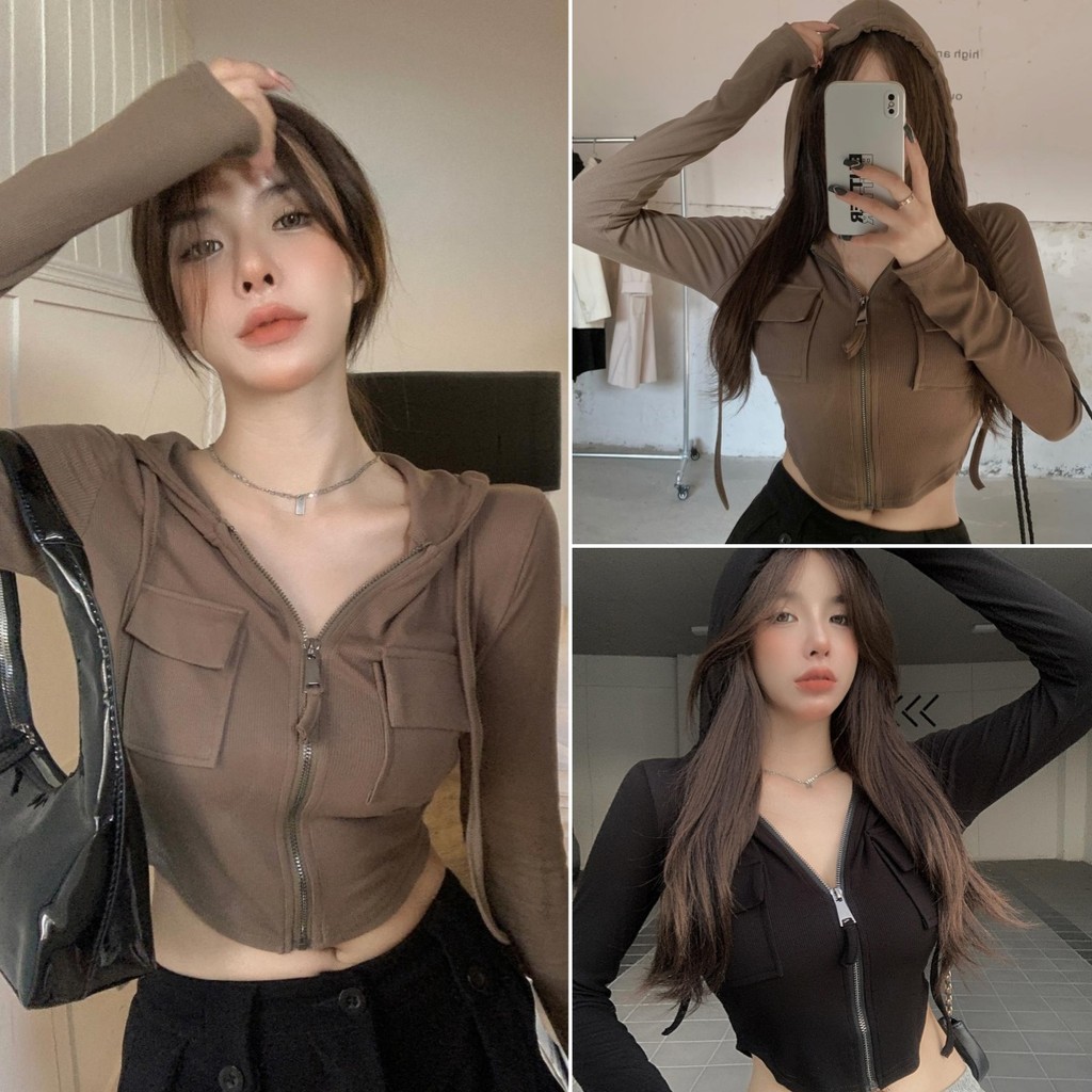 Hotgirl พร้อมส่ง เสื้อคลุมผู้หญิง เสื้อฮู้ดมีซิปแฟชั่น ครอปแขนยาว สีพื้น ดีไซน์เก๋ไก้และเซ็กซี่
