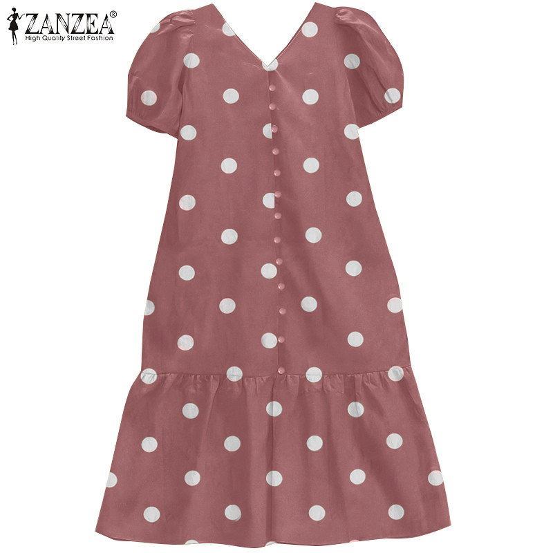 ZANZEA ใส่ ซานเซีย ผู้หญิงคอวีพัฟแขนลายจุดกลางความยาวไม่มีกระเป๋าเดรส