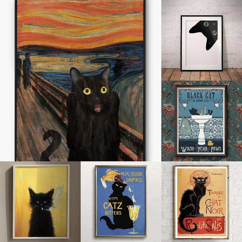 แมวตลก,storybook Funny Kitten, แมวสีดําวางในอ่างล้างจานในห้องน้ํา โปสเตอร์ Unframed ส่วนบุคคล