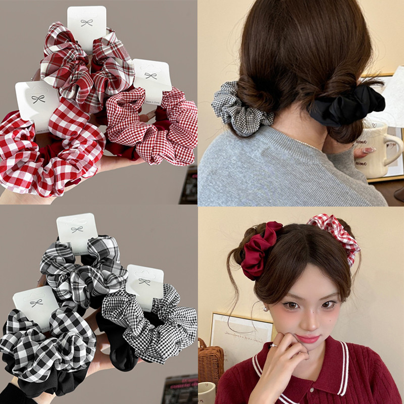 สีดําสีแดงคลาสสิก Little Grid เชือกผม Scrunchies หางม้าผูกผม Headwear เครื่องประดับผม