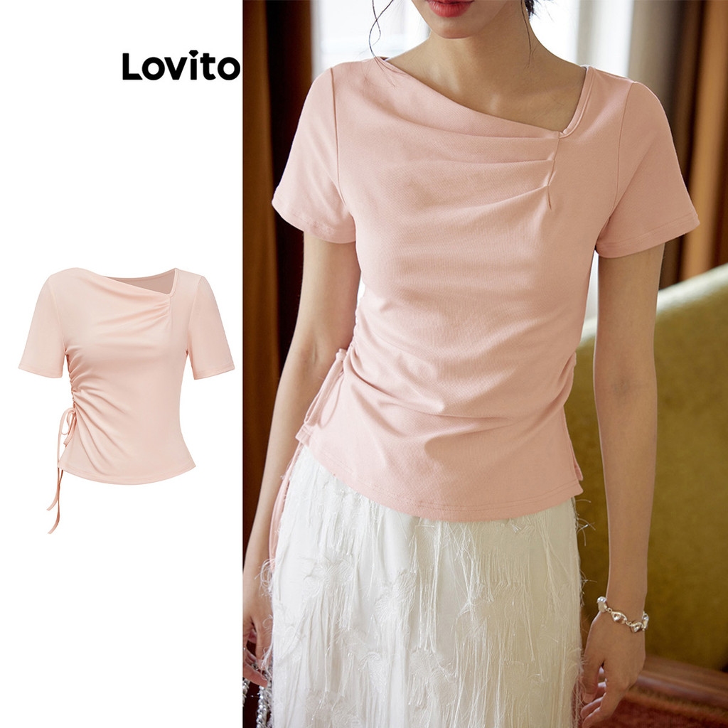 Lovito เสื้อยืดด้านหน้าแบบเรียบหรูธรรมดาจีบรูดแยกเสื้อยืดด้านหน้าสำหรับผู้หญิง L105MD708