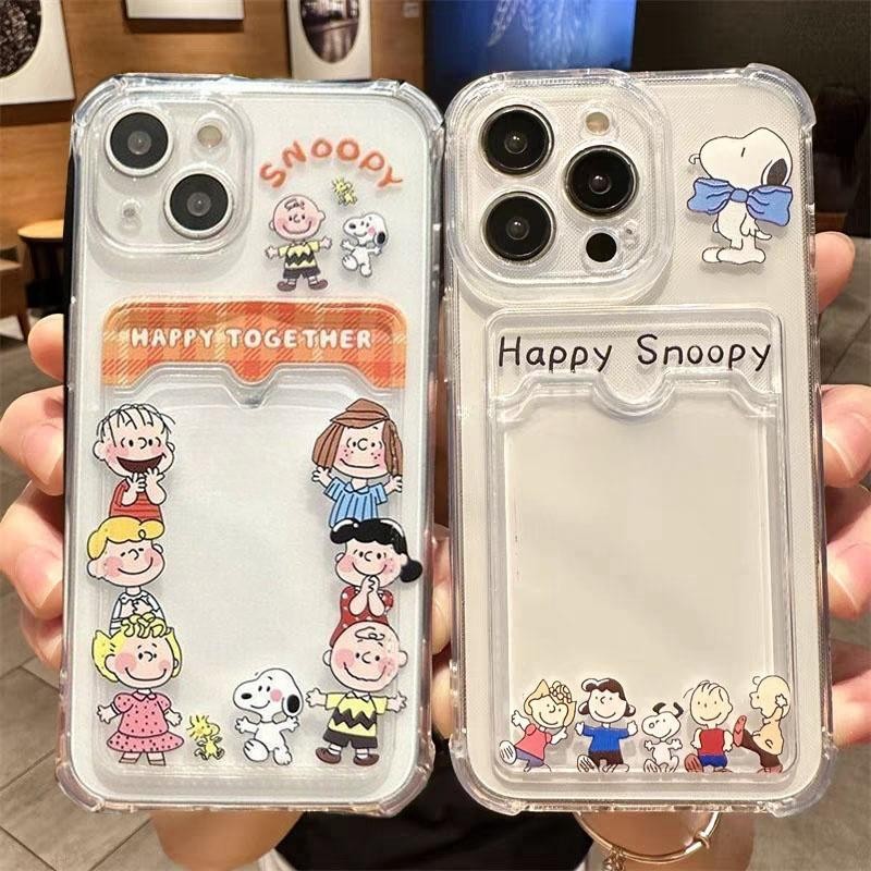 เคสโทรศัพท์สําหรับ Iphone 16 Pro Max 11 12 13 14 15 Pro Max 7 8 16 Plus XR X XS ปกน่ารัก Snoopy ผู้ถือบัตรกระเป๋าซิลิโคนนุ่มป้องกันรูปแบบ TPU โปร่งใส