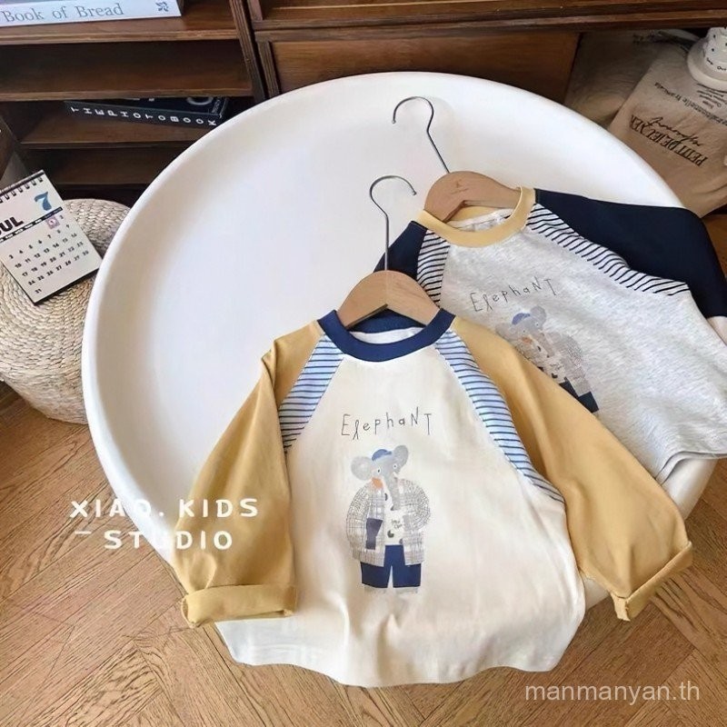 เสื้อยืดแขนยาวเด็กสีเข้ากันแขน Raglan ฤดูใบไม้ผลิและฤดูใบไม้ร่วงใหม่สไตล์เกาหลีเสื้อผ้าเด็กผู้ชายเสื้อตัวในสไตล์ตะวันตก
