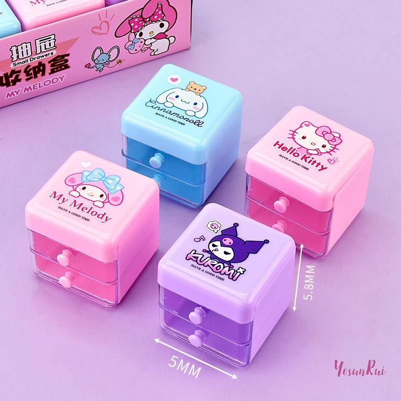Yosunrui] Sanrio Hello Kitty ลิ้นชักคู่กล่องเก็บเครื่องประดับการ์ตูน Melody Double Layer สติกเกอร์เครื่องประดับกล่องเก็บเดสก์ท็อปสาวของขวัญใหม่