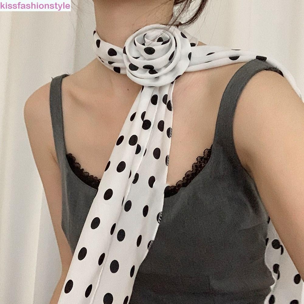 Kissfashionstyle ผ้าพันคอไหมยาว, Cravat Neckerchief ตกแต่ง Polka Dot ผ้าพันคอ, All-match Wrap Bow Ties อุปกรณ์ผ้าพันคอคอดอกไม้ตกแต่งผู้หญิง