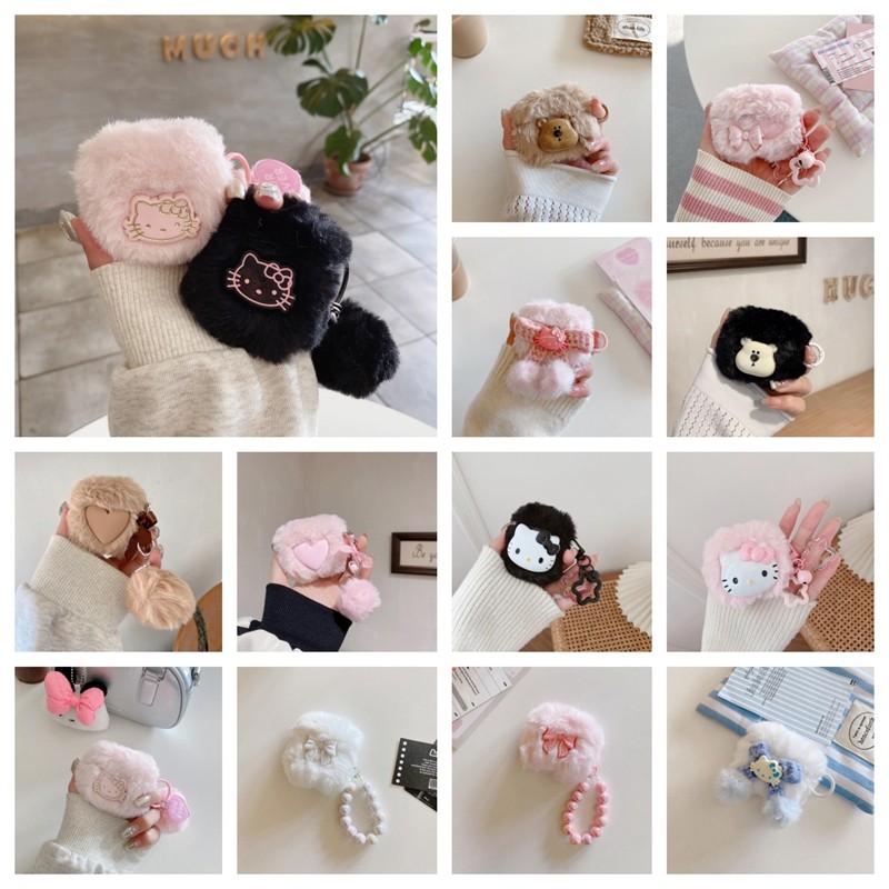 น่ารักคู่หมีการ์ตูนนุ่มเกาหลีสําหรับ AirPods 4 ANC Plush สีม่วงพร้อมจี้หูฟังปลอก AirPod 1/2/3/Pro Pro2 กรณี AirPods4 ฝาครอบ