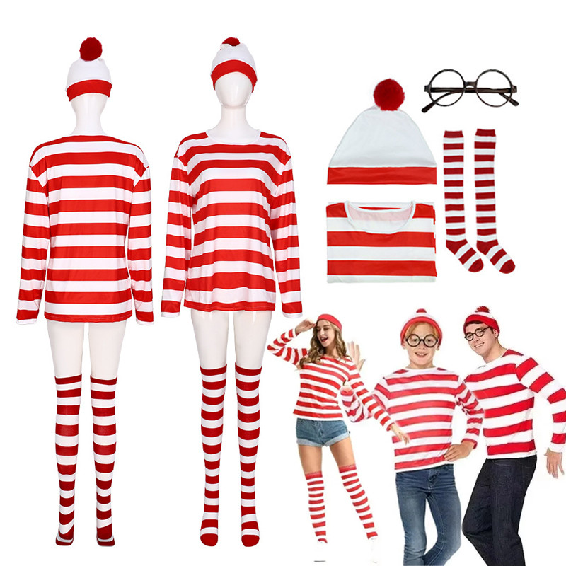 Waldo Book Week Fancy Dress Wheres Wally Family Matching Parent Child Costume Red White Stripe Shirt