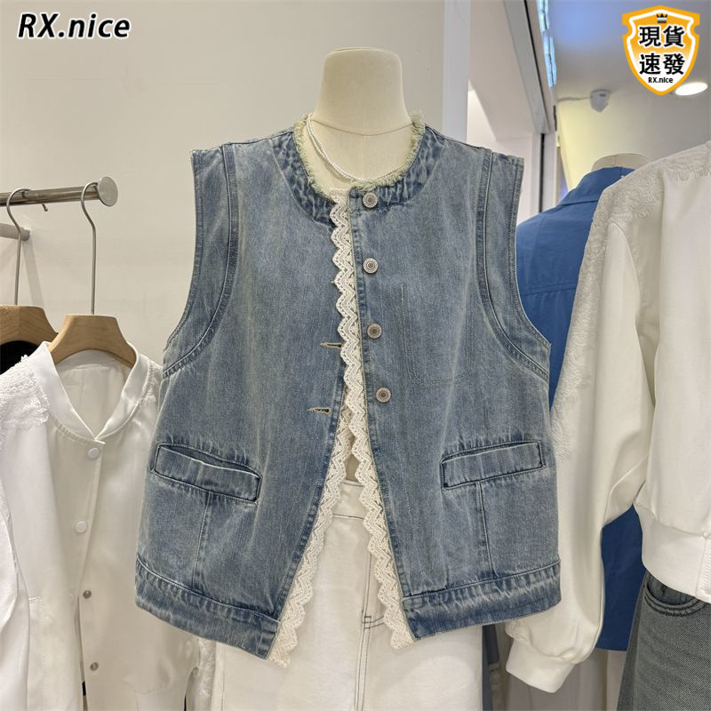 สไตล์เกาหลี Retro ลูกไม้ Denim เสื้อกั๊กเสื้อกั๊กผู้หญิง 2025 ฤดูร้อนผู้หญิง All-Match Slimmer ดูแขนกุด Top เสื้อกั๊กเสื้อกั๊กด้านนอก