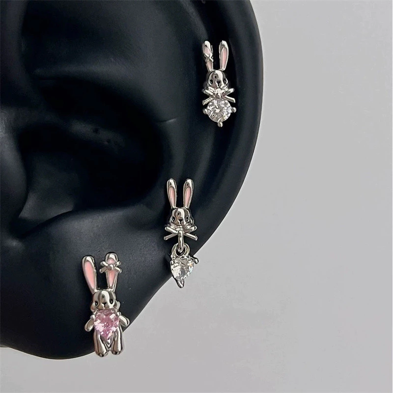ต่างหูโลหะผสมคริสตัลหัวใจ กุญแจ.rabbit สำหรับผู้หญิง