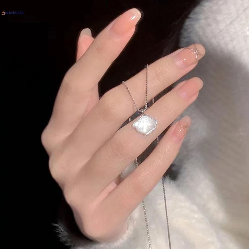 NLY Simple Moonstone Shell จี้สร้อยคอกลมเงินสี.Clavicle Chain Choker สำหรับผู้หญิง เครื่องประดับหรูหราเป็นของขวัญ