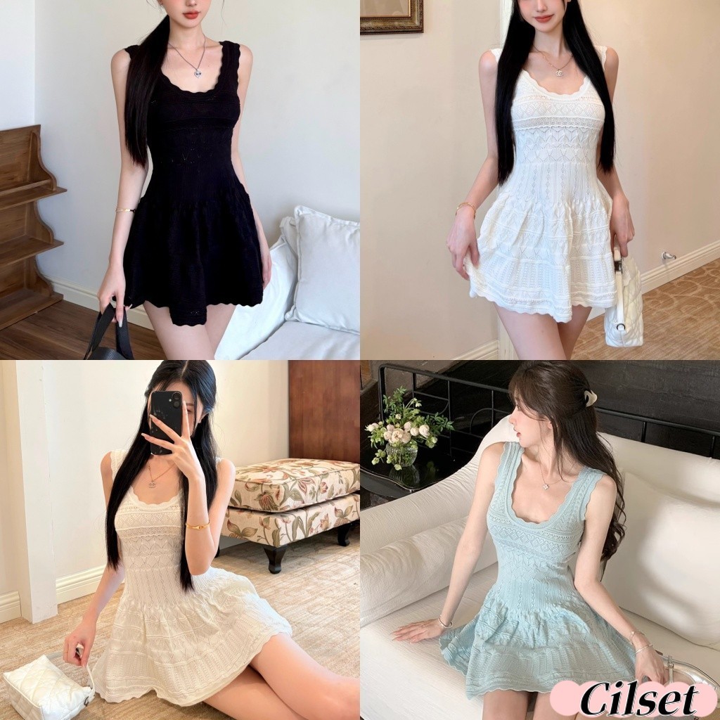 Cilset🛒พร้อมส่ง🎀มินิเดรสไหมพรม แขนกุด ผ้านุ่มนิ่มใส่สบาย แฟชั่น สีพื้นสไตล์มินิมอล /W-N096