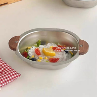 ชามสแตนเลส  ชามสลัดผลไม้ insเกาหลีหูไม้  สแตนเลส304 พร้อมส่ง