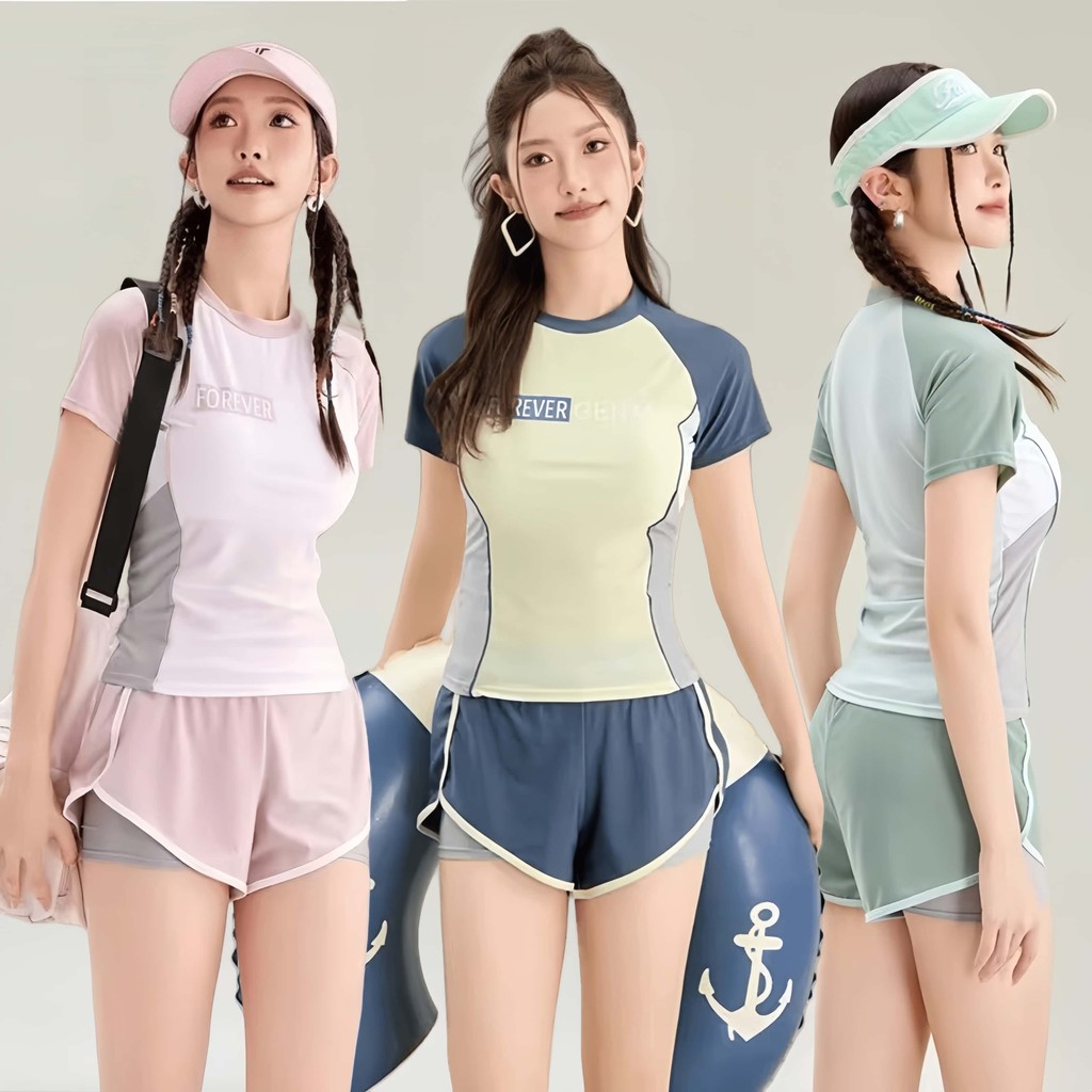 💛Hot.Bikini💛ชุดว่ายน้ําแฟชั่น ชุดว่ายน้ำผู้หญิง ทูพีช เสื้อแขนสั้น มีฟองน้ำ ผ้าแห้งเร็ว ส่งไวจากไทย