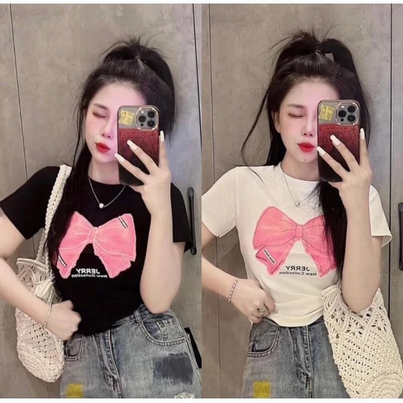 เสื้อยืดแขนสั้นผู้หญิง สไตล์เรโทร พิมพ์ลายฤดูร้อน ใส่สบาย อินเทรนด์ เหมาะสำหรับสตรีท ท็อป