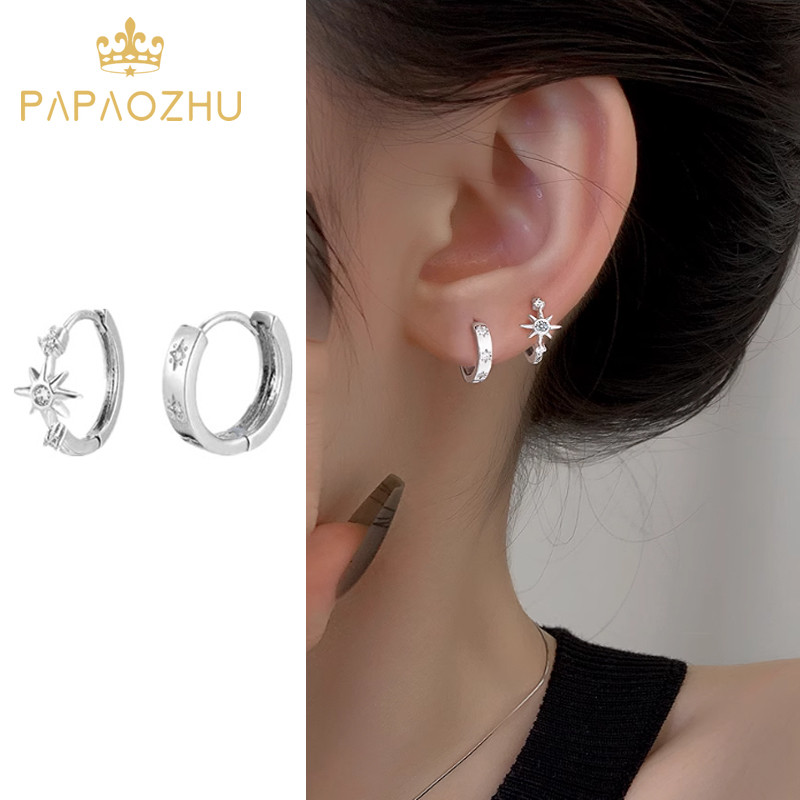 PAPAOZHU Punk s925 เงินคริสตัล Cross Star Hoop ต่างหูสําหรับผู้หญิงผู้ชายเรขาคณิตหูวงกลมเครื่องประดับอุปกรณ์เสริม