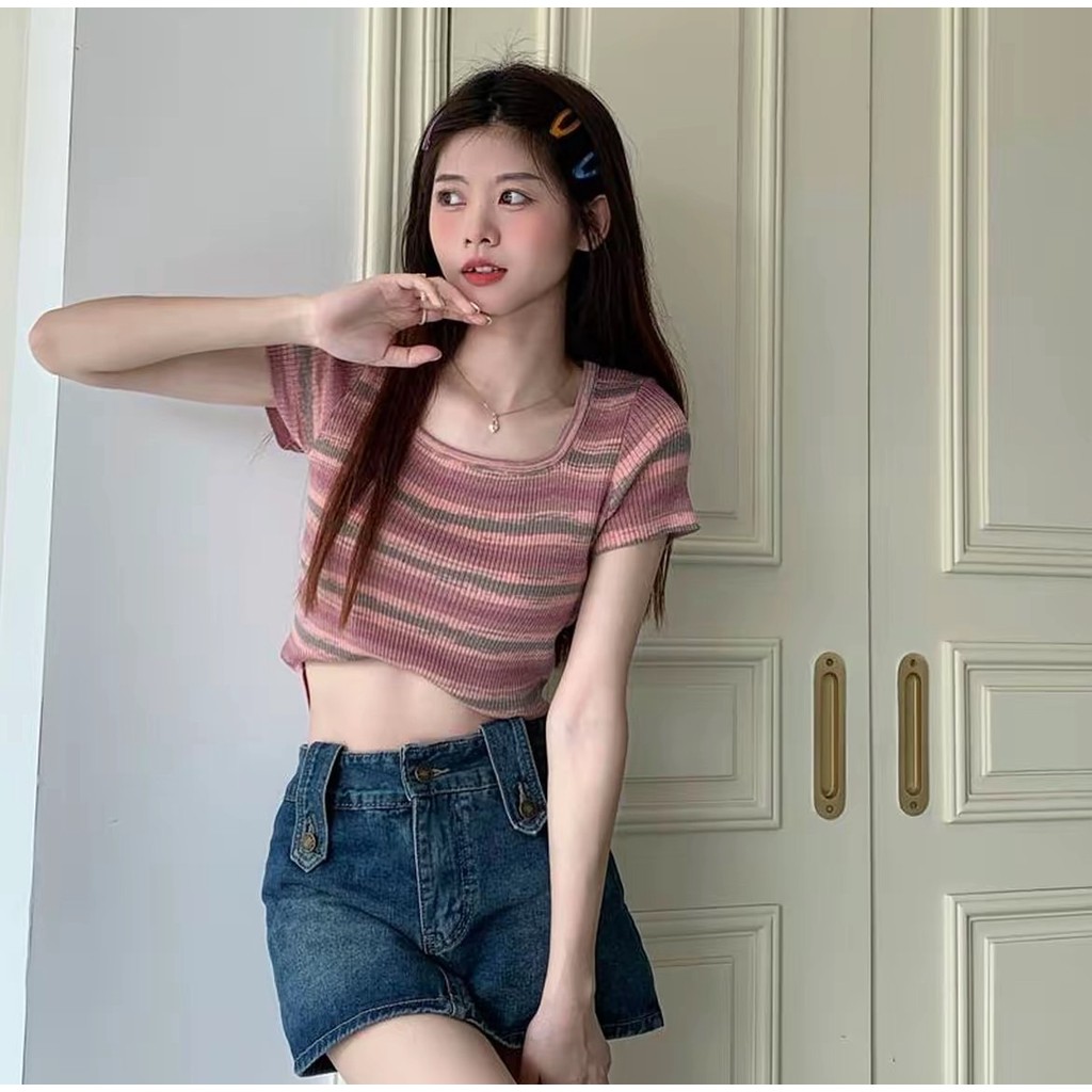 🌟Fairy Style✨เสื้อยืดไหมพรมแขนสั้น เสื้อครอป คอยู ลายทาง สไตล์เกาหลี#5005 - รูปที่ 6