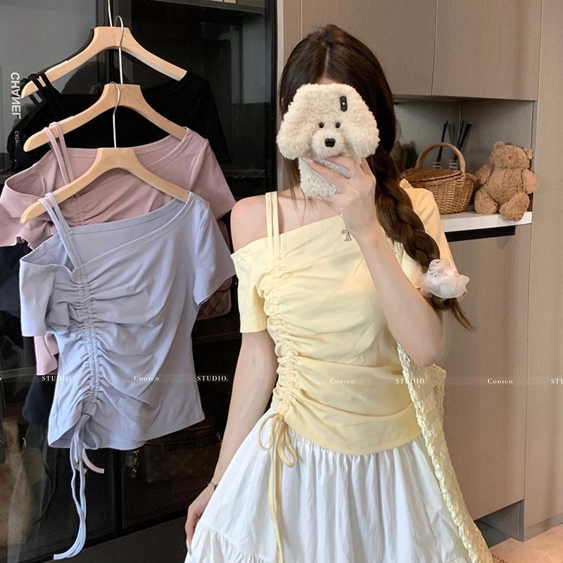 เสื้อยืดแขนสั้นแบบปิดไหล่ มีเชือกรูด ไหล่ระบาย สลิมฟิต สำหรับฤดูร้อน