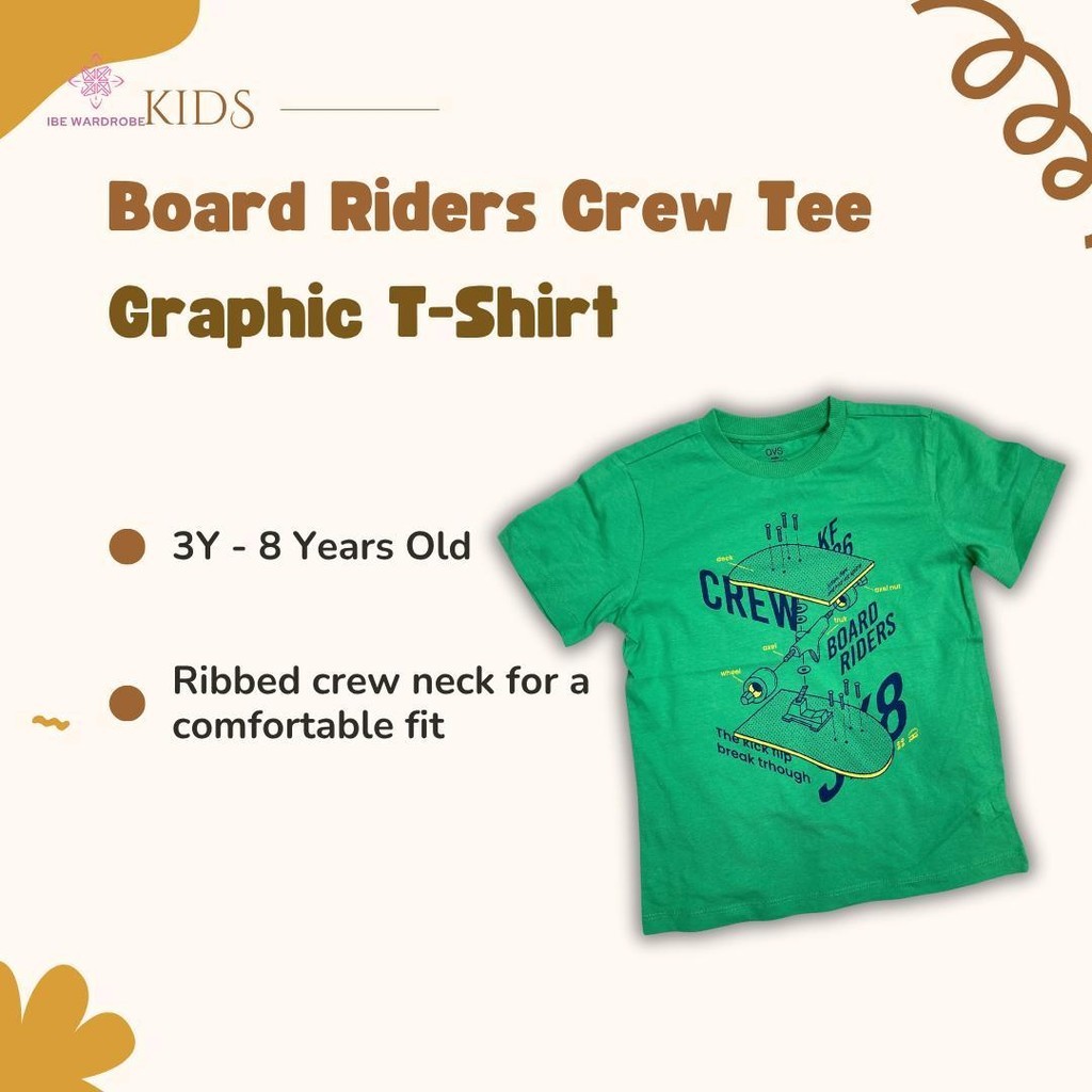 เสื้อยืดธีมสเก็ตบอร์ด IBE Kids Boy OVS - สีเขียว / ชุดลําลองสําหรับอายุ 3 ปี - 8 ปี