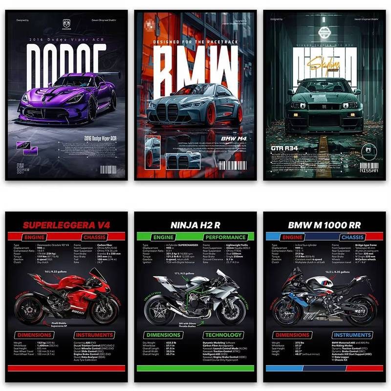 รถยนต์ที่มีชื่อเสียง M4 GTR R34 Art ผ้าใบพิมพ์โปสเตอร์ YZF-R1M ภาพวาดตกแต่งตกแต่งบ้าน Frameless ของขวัญ