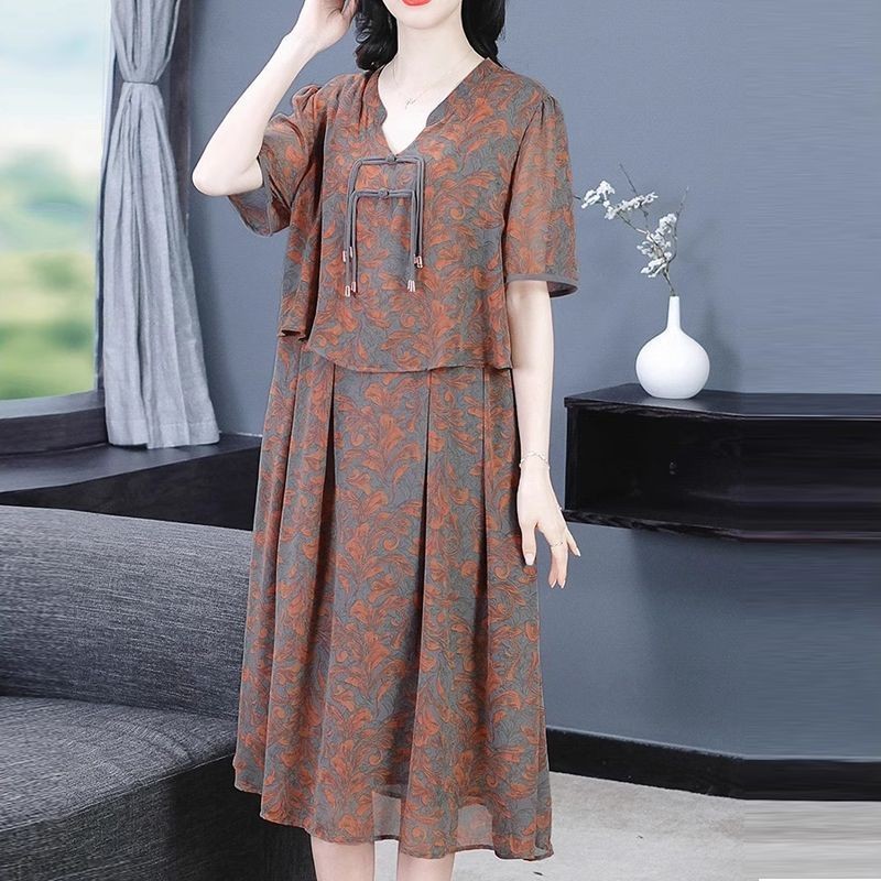 K4477 พลัสขนาดผู้หญิงเสื้อผ้าเย็บชุดฤดูร้อนไขมัน MM ปลอมสองชิ้น V คอหัวเข็มขัด Slimmer ดูปกกระโปรงเน