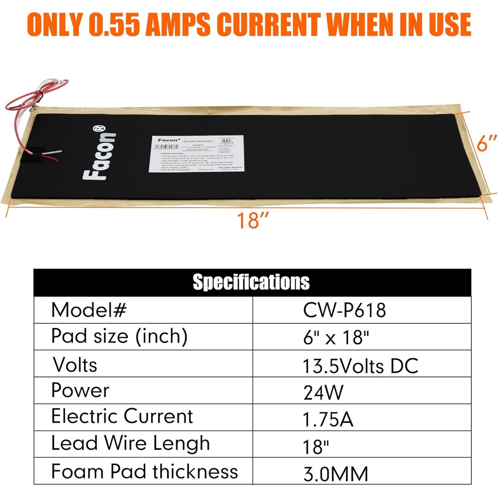 Facon 6" x 18" RV ท่อเครื่องทําความร้อน Pad, ทํางานสําหรับท่อ 1-1/2", แผ่นทําความร้อนสําหรับ RV, Cam
