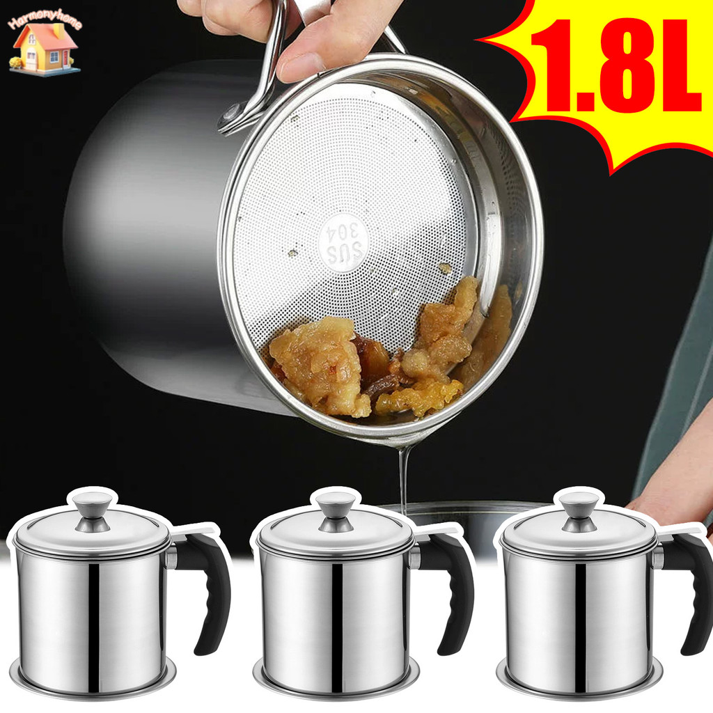 หม้อกรองน้ํามันสแตนเลส 1.8 ลิตร – ตัวกรองตาข่ายละเอียดพร้อมฝาปิดกันฝุ่นที่เก็บจาระบีสําหรับทําอาหารน้ํามัน