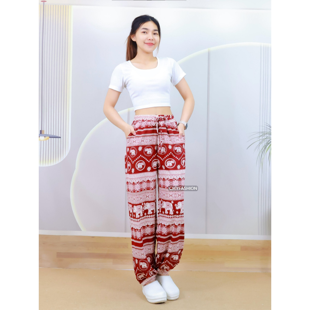 กางเกงขายาว 9ส่วน กางเกงขากระบอก ปลายขาจั้ม พิมพ์ลายช้าง ผ้าไหมอิตาลี่ เนื้อผ้านิ่ม  p9383# - รูปที่ 7