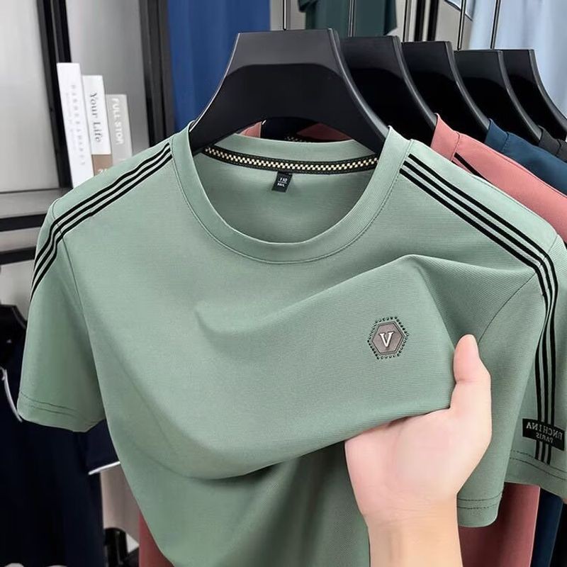 TLHGQ เสื้อยืดสำหรับผู้ชาย ทำจากผ้าไหมน้ำแข็ง อินเทรนด์และสวมใส่ง่าย