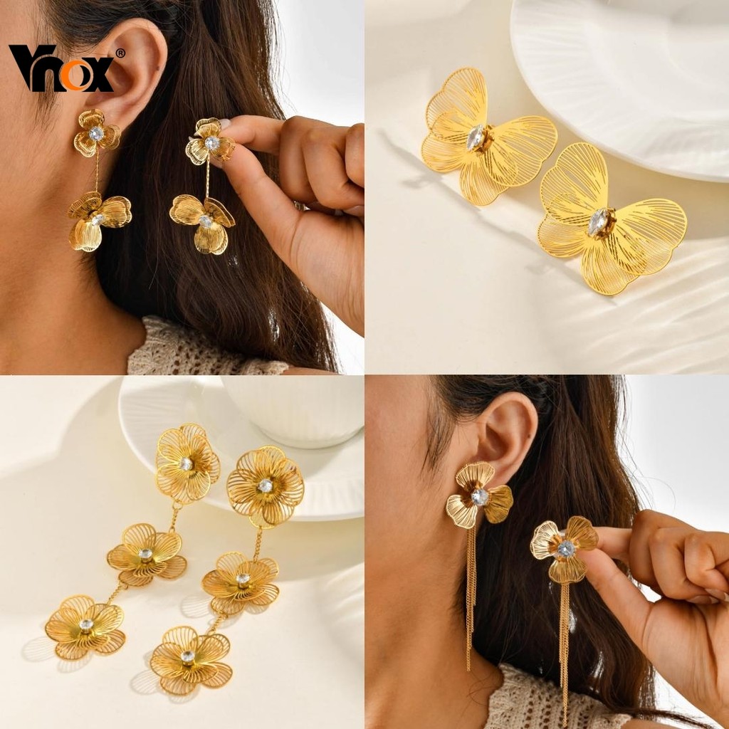 Vnox Zircon Cubic Hollow ดอกไม้พู่สแตนเลสสตีลต่างหูผู้หญิง,ต่างหูยาวเพทาย Cubic เครื่องประดับของขวัญ