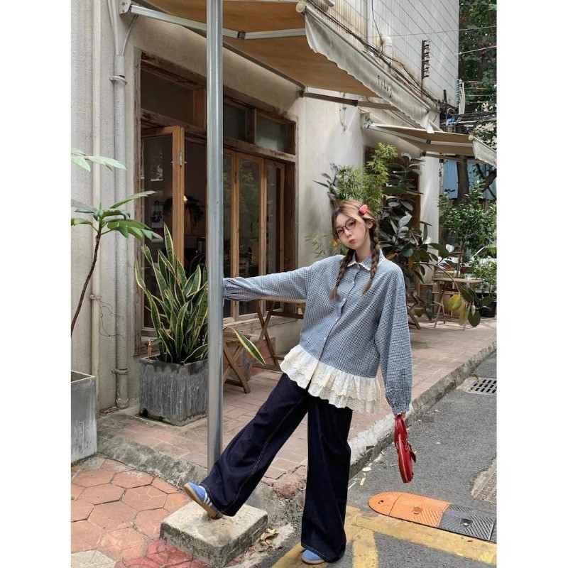 LINNA~Xเวอร์ชั่นเกาหลี ตาหมากรุก ขอบลูกไม้ แขนยาว เสื้อเชิ้ต สไตล์ใหม่ แฟชั่น สไตล์หวาน - รูปที่ 4