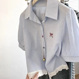 mimi&didi#เสื้อเชิ้ตแขนสั้นสีขาวสำหรับผู้หญิง,สไตล์ลำลองฤดูร้อน,เสื้อเชิ้ตแขนหลวม,จับคู่กับท็อปส์ซู,แฟชั่น ย้อนยุค#W635