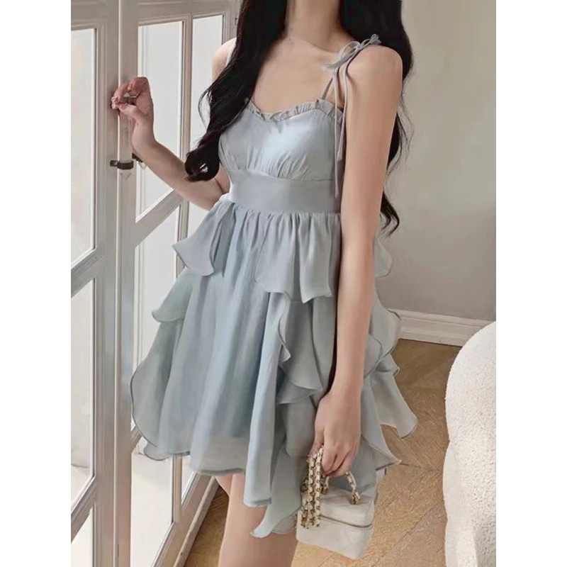 Mo Summer Bule France Elegant Dress Women Backless Fashion Designer Suspender Dress Female Ruffle Fl