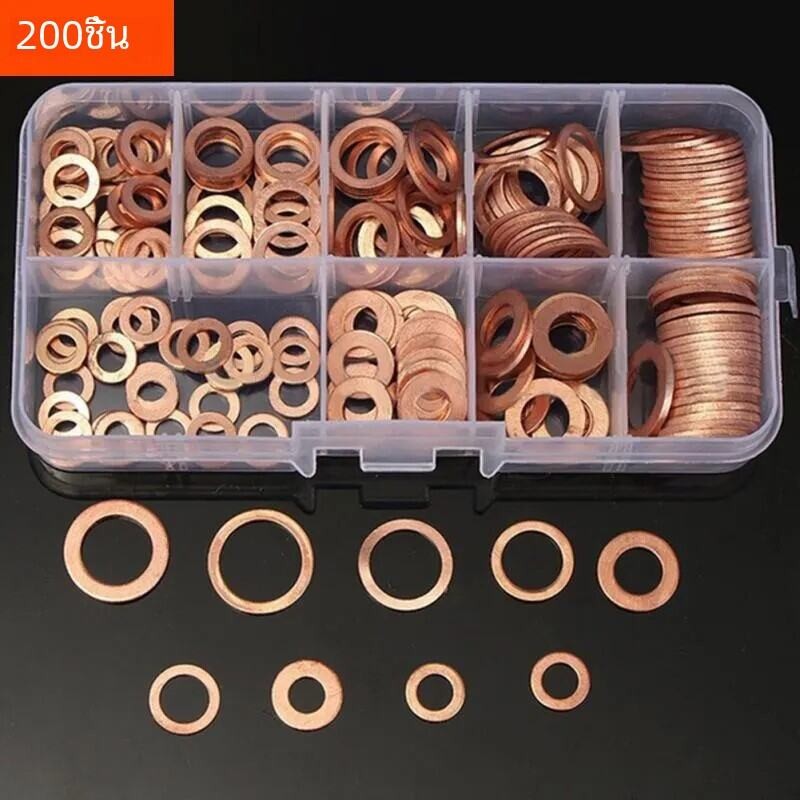200ชิ้นทองแดงน็อตพร้อมแหวนรองและชุดสลักเกลียวแหวนแบนซีล Mechanical Repair ทำงานชุดรวมอุปกรณ์กล่อง/M8/M10/M12/M14สำหรับน้