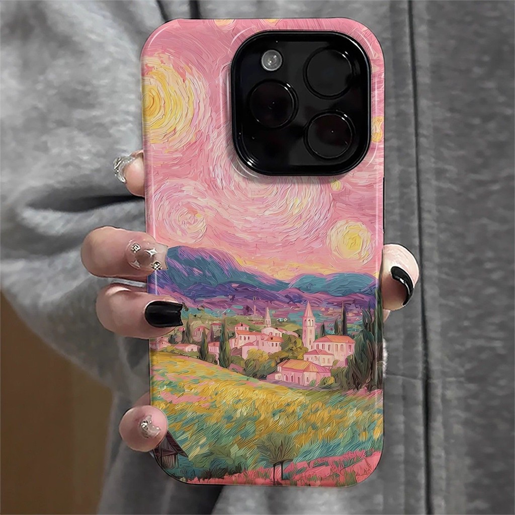 สีชมพูศิลปะภาพวาดสีน้ํามันStarry SkyเหมาะสําหรับiPhone 16PROMAX 13 14 XR 7/8PLUS Hard Shell 15PRO 14