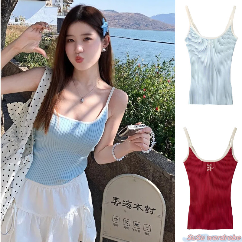 SuSu 🎀พร้อมส่ง 🎀 เสื้อสายเดี่ยวถักลายปักโบราณ คอวีทรงกระชับสัดส่วน สวมใส่สบายทุกวัน Y9911