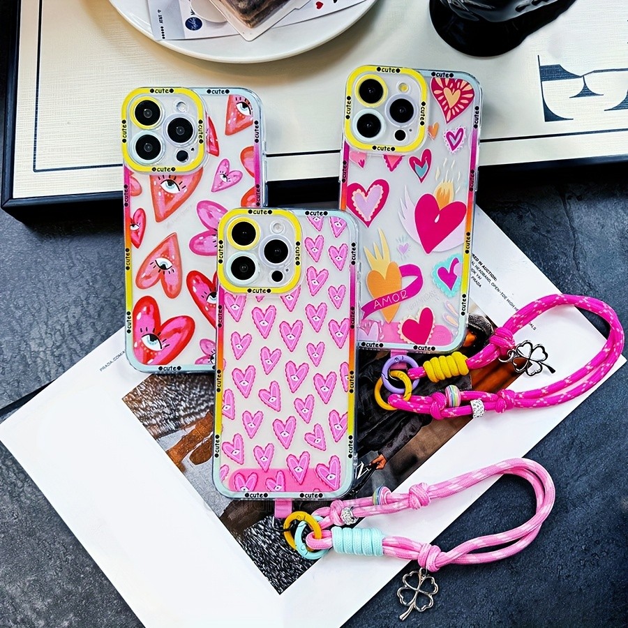 เคสโทรศัพท์รูปหัวใจสีชมพู Sweetheart Impact มาพร้อมเชือกป้องกันการสูญหายคุณภาพสูง เหมาะสําหรับ iPhon