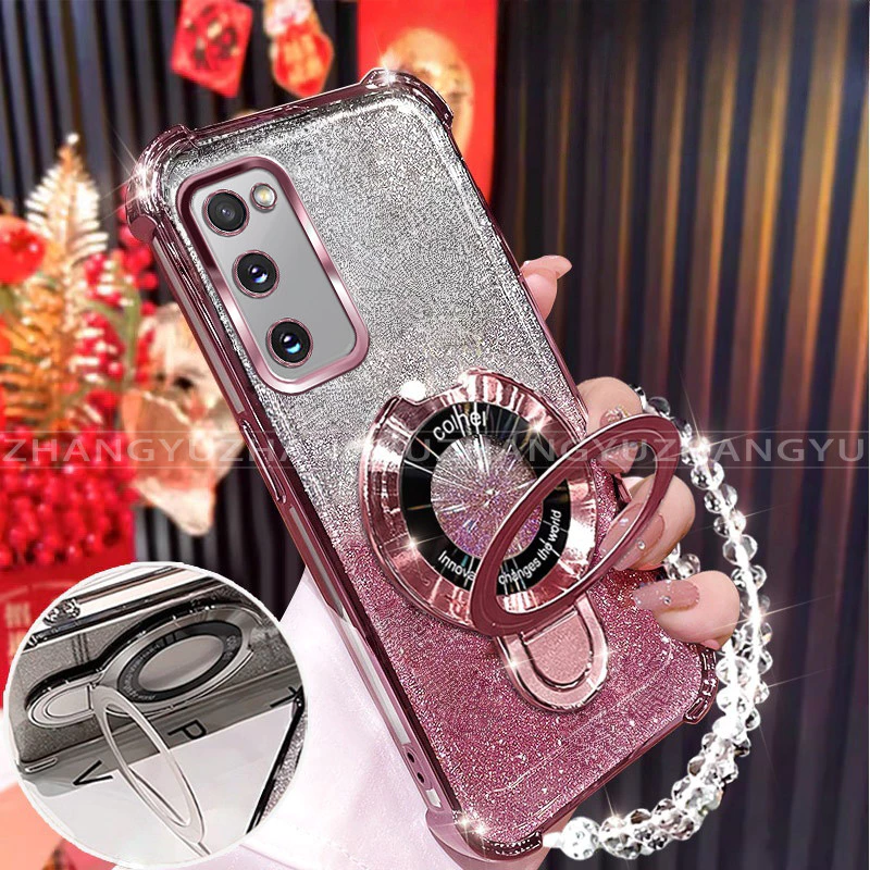 เคสสําหรับ Samsung S10 S20 S21 FE S21 S20 PLUS S21 S20 ULTRA เคสโทรศัพท์ U-รูปไร้สายชาร์จวงเล็บสี่มุม anti drop สร้อยข้อมือเปลือกนิ่มโปร่งใส 014