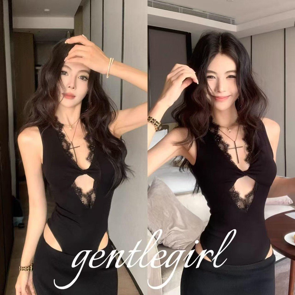 #GG🎀จัดส่งที่รวดเร็ว🎀เสื้อกล้ามคอวีผ่าข้างแต่งลูกไม้เซ็กซี่ Millennium Original