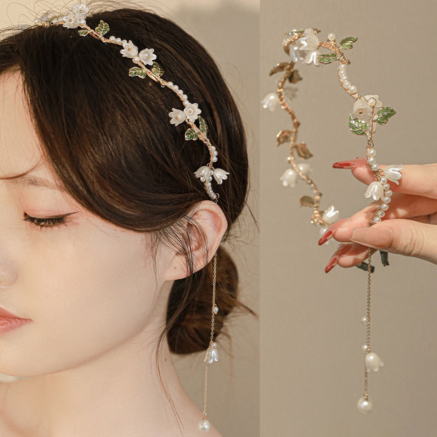 ที่คาดผมพู่ Lily of The Valley สวยงามสําหรับผู้หญิงยางรัดผมดอกไม้มุก