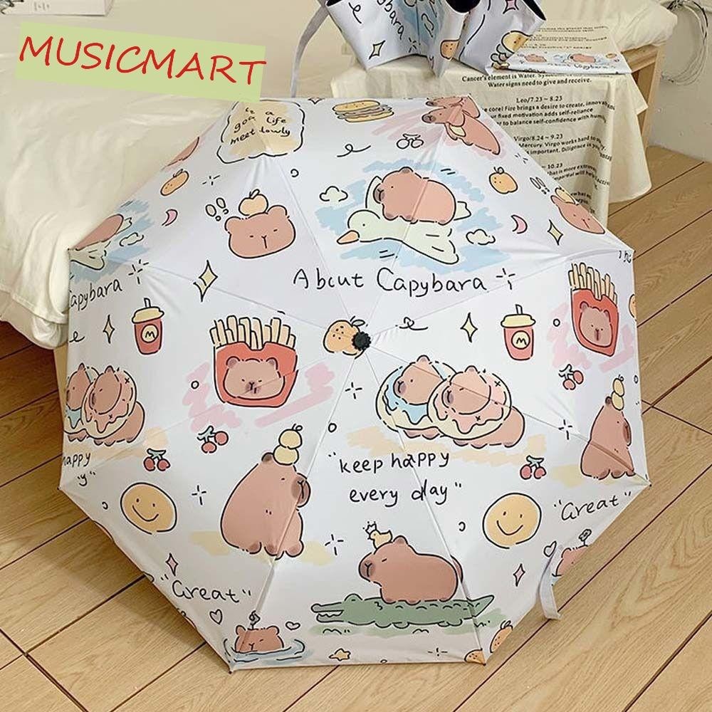 Musicmart ร่มกันแดด Capybara, Anti-UV Letter พิมพ์ Capybara ร่มอัตโนมัติ, Kawaii McDonalds Smiling Face Sunshade การ์ตูนพับร่มนักเรียน