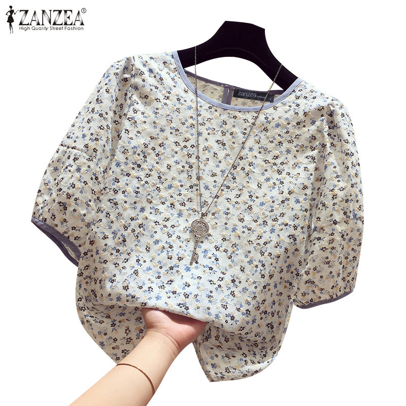 ZANZEA ซานเซีย ผู้หญิงเกาหลีคอกลมแขนโคมไฟดอกไม้พิมพ์เสื้อหลวม
