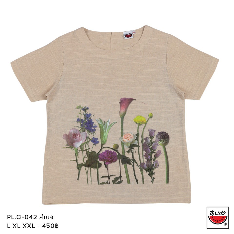 แตงโม (SUIKA) - เสื้อแตงโม คอปาดแขนสั้น ผ้าสลาฟ พิมพ์ลายดอกไม้ ( PL.C-042 111 106 096 094 093)
