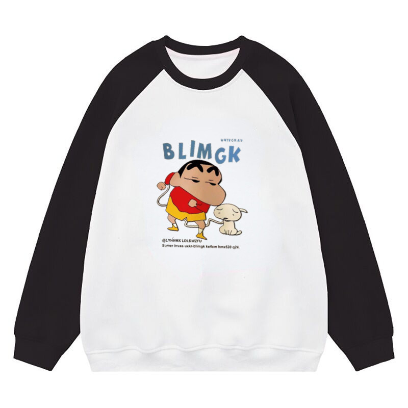 PolyesterCrayon Shin Chan ฤดูใบไม้ผลิและฤดูใบไม้ร่วงแขนยาวรอบคอเสื้อกันหนาวสําหรับผู้หญิงลําลองหลวมแฟชั่น Splicing Top